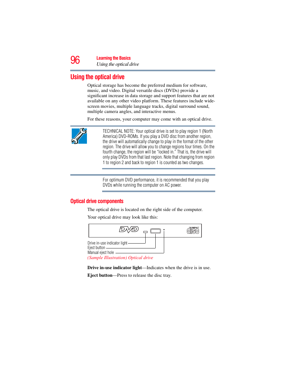 Using the optical drive, Optical drive components | Toshiba A200 User Manual | Page 96 / 244