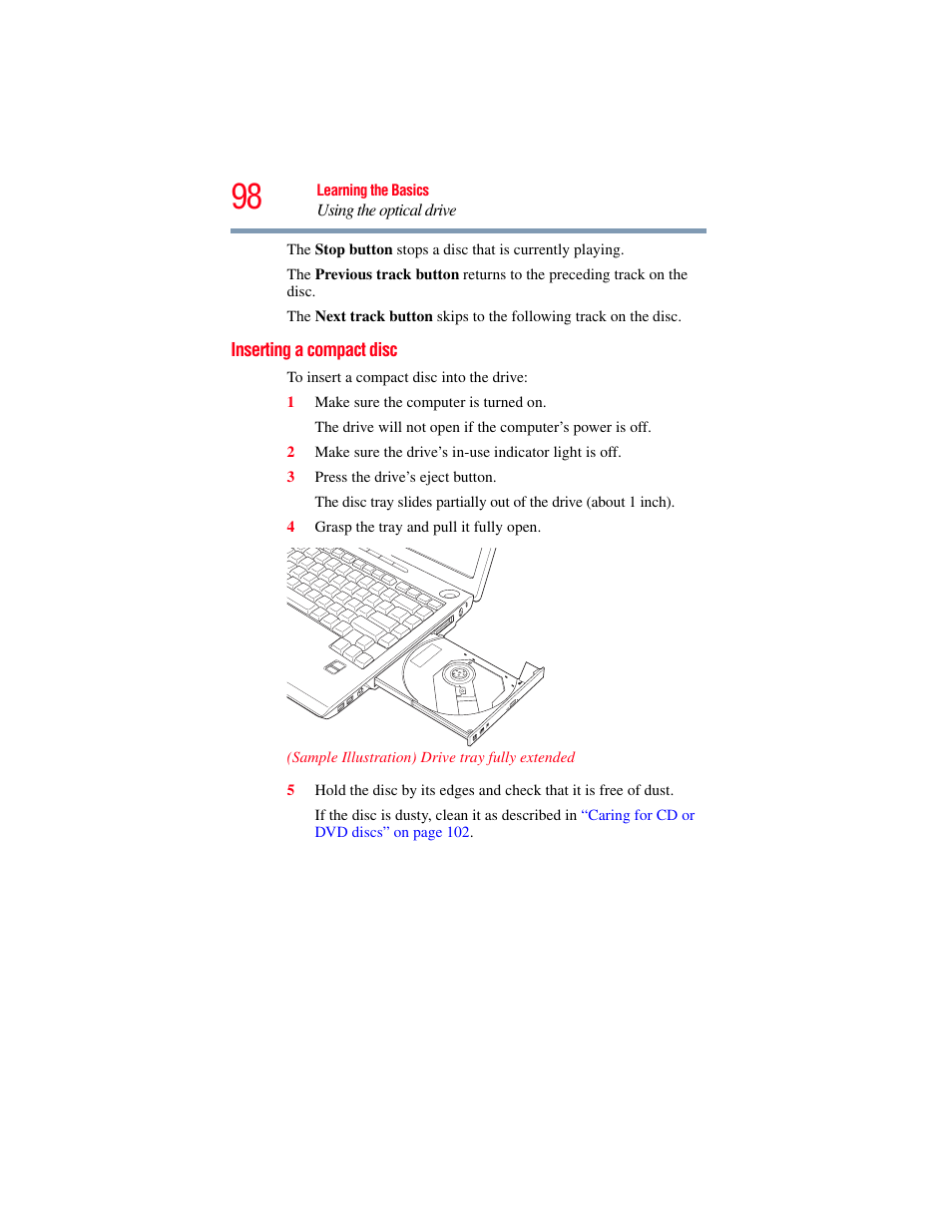 Inserting a compact disc | Toshiba A200 User Manual | Page 98 / 244