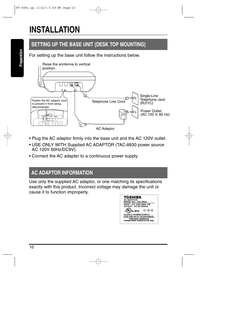 Installation, Setting up the base unit (desk top mounting), Ac adaptor information | Toshiba FT-8981 User Manual | Page 10 / 50