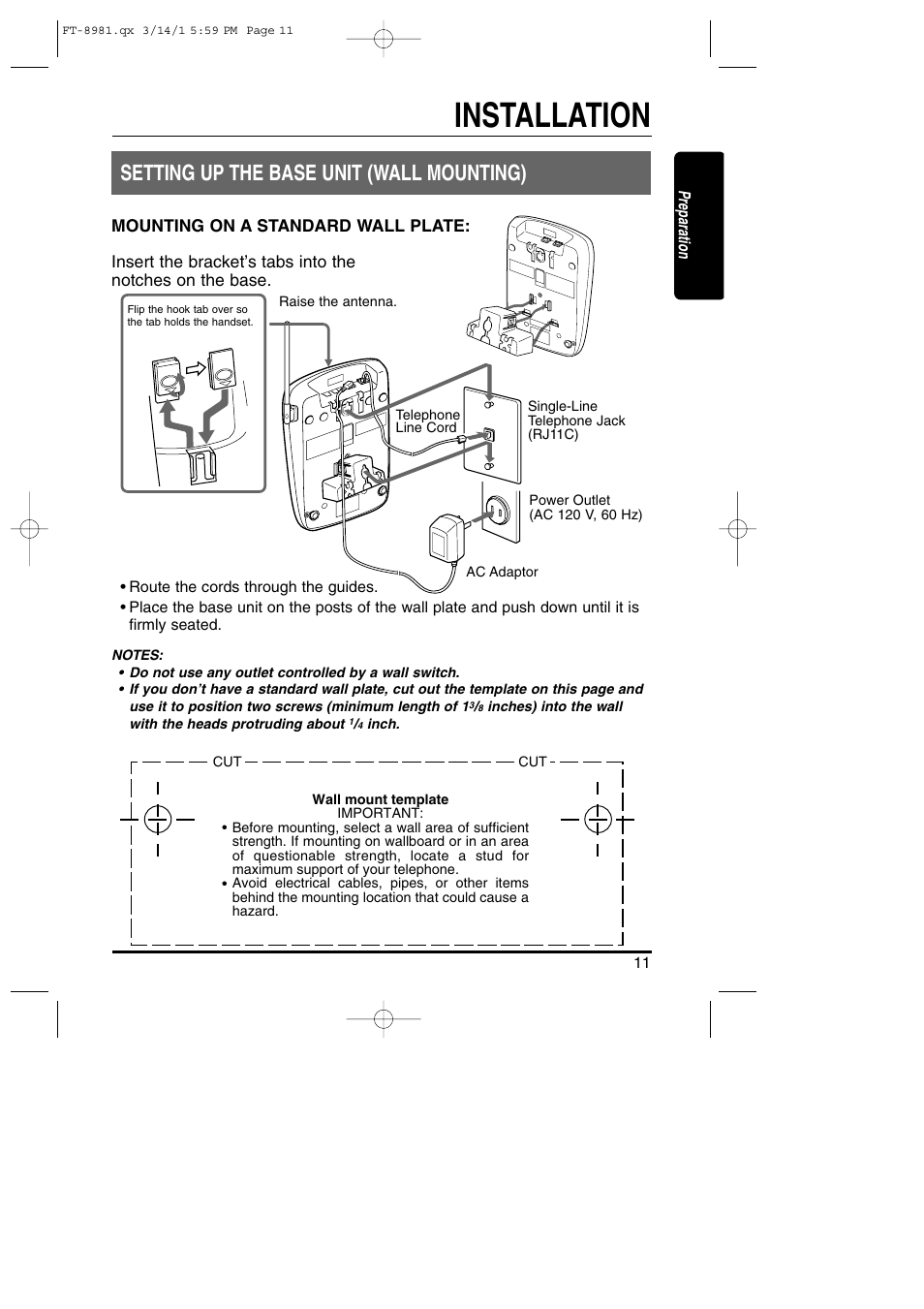 Installation, Setting up the base unit (wall mounting) | Toshiba FT-8981 User Manual | Page 11 / 50
