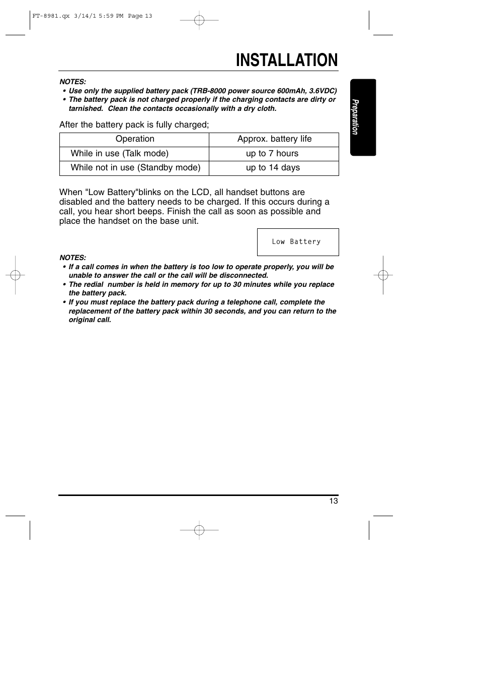 Installation | Toshiba FT-8981 User Manual | Page 13 / 50