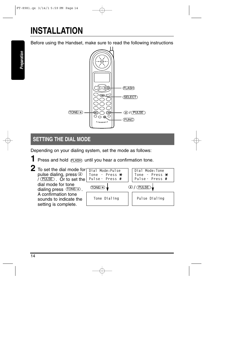 Installation, Setting the dial mode | Toshiba FT-8981 User Manual | Page 14 / 50