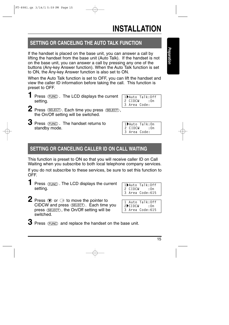 Installation, Setting or canceling the auto talk function, Setting or canceling caller id on call waiting | Toshiba FT-8981 User Manual | Page 15 / 50