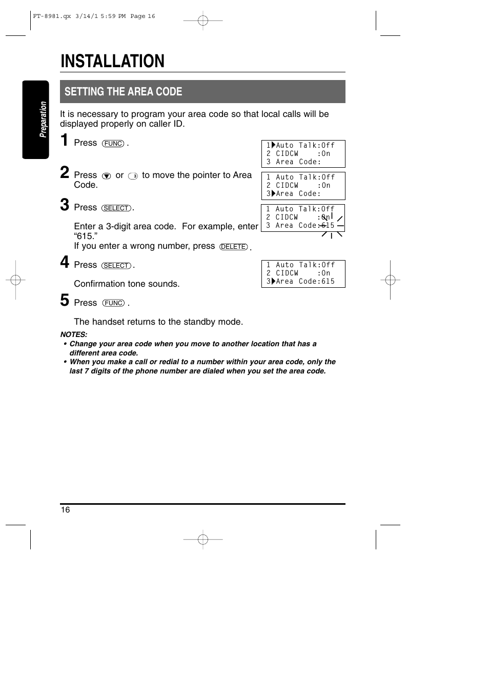 Installation, Setting the area code | Toshiba FT-8981 User Manual | Page 16 / 50