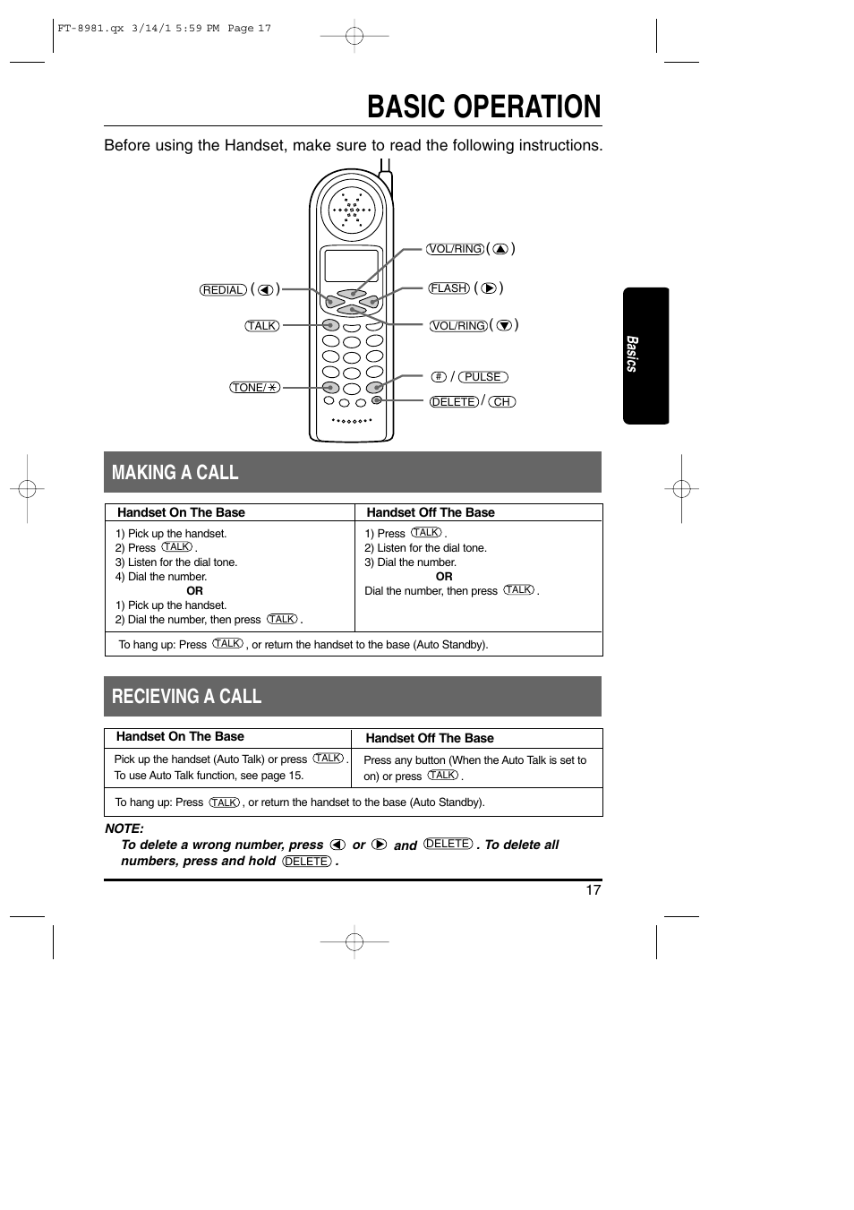 Basics, Basic operation, Making a call recieving a call | Toshiba FT-8981 User Manual | Page 17 / 50