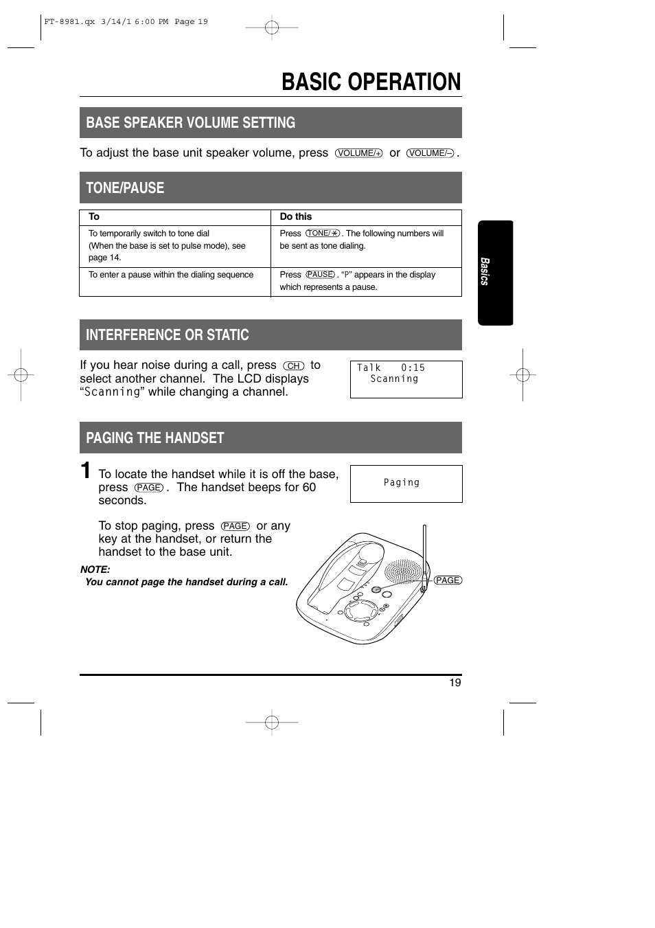 Basic operation, Base speaker volume setting, Tone/pause interference or static | Paging the handset | Toshiba FT-8981 User Manual | Page 19 / 50