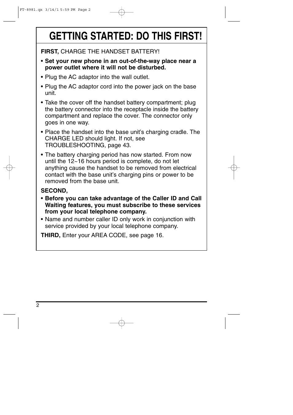 Getting started, Getting started: do this first | Toshiba FT-8981 User Manual | Page 2 / 50