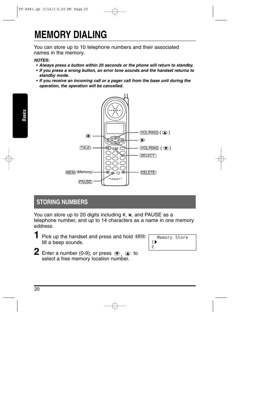 Memory dialing, Storing numbers | Toshiba FT-8981 User Manual | Page 20 / 50