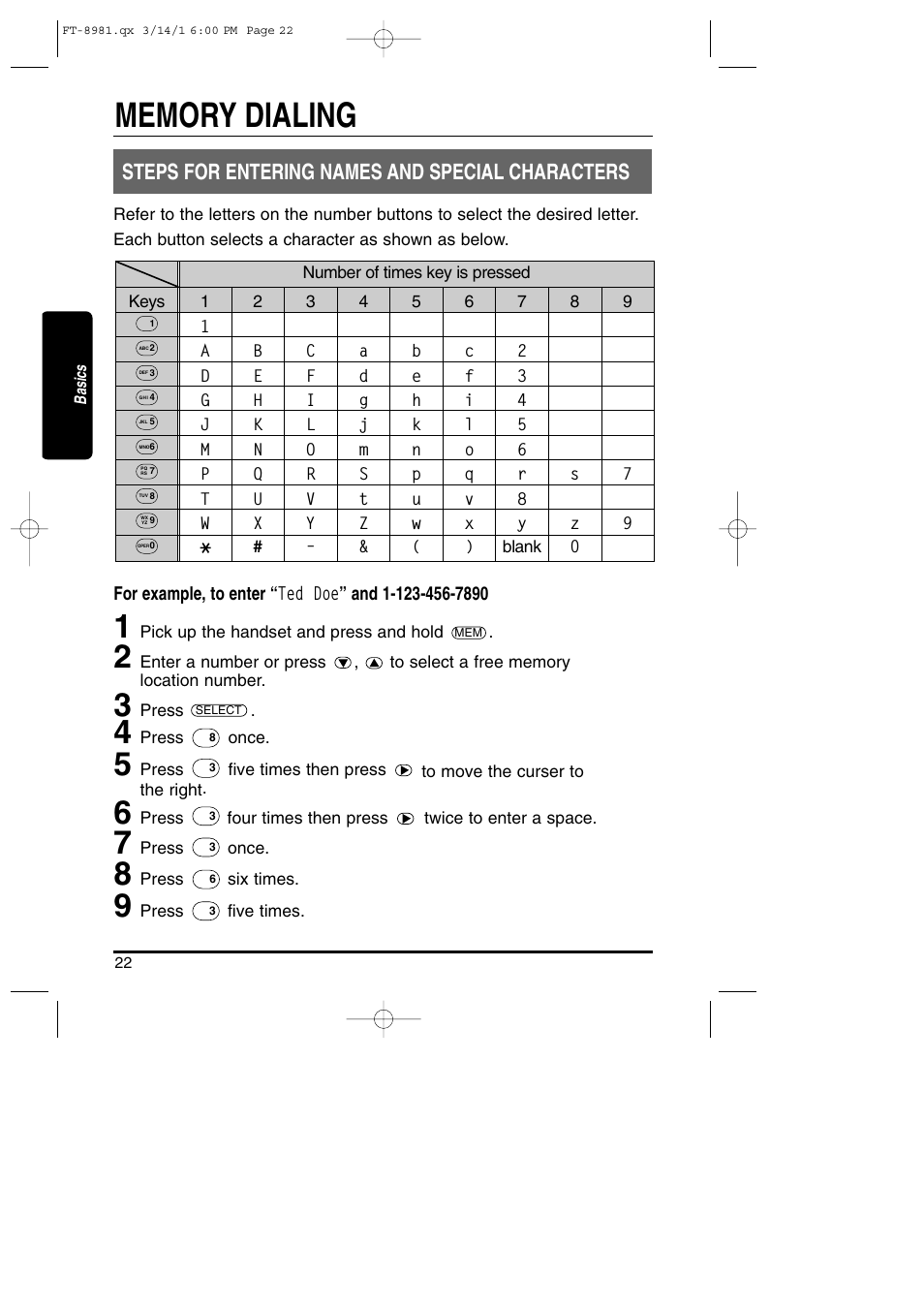 Steps for entering names and special characters | Toshiba FT-8981 User Manual | Page 22 / 50