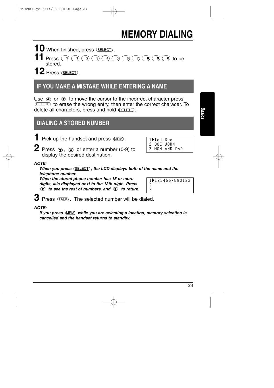 If you make a mistake while entering a name, Dialing a stored number | Toshiba FT-8981 User Manual | Page 23 / 50