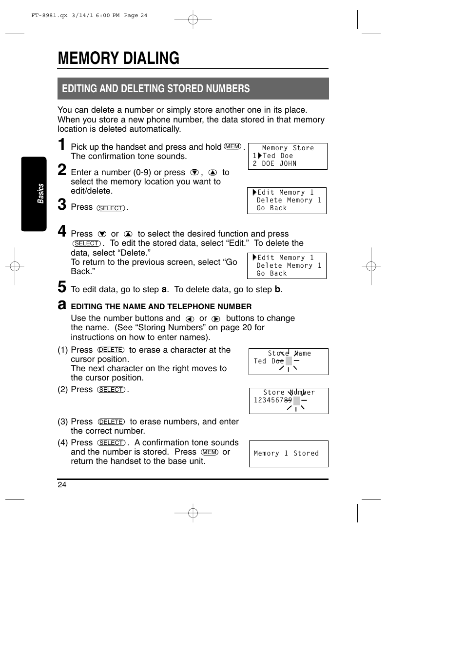 Editing and deleting stored numbers | Toshiba FT-8981 User Manual | Page 24 / 50