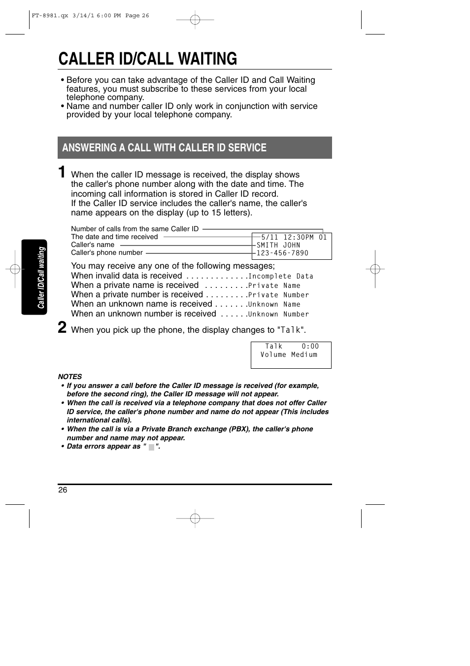 Caller id calling/waiting, Caller id/call waiting, Answering a call with caller id service | Toshiba FT-8981 User Manual | Page 26 / 50