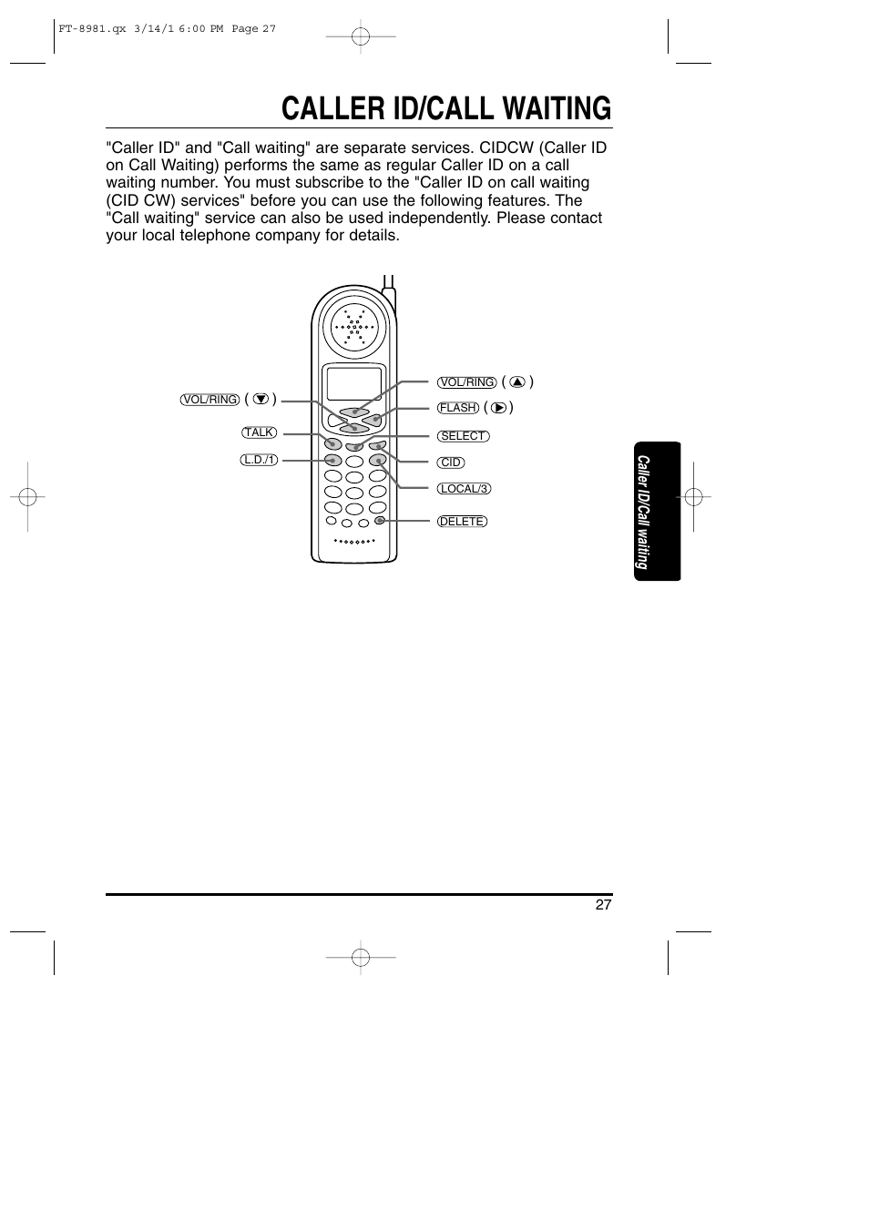 Caller id/call waiting | Toshiba FT-8981 User Manual | Page 27 / 50