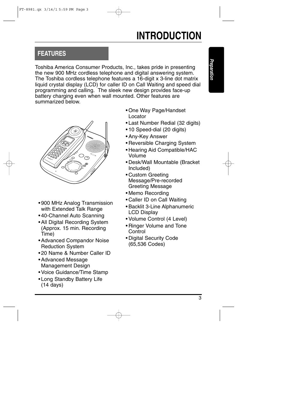 Introduction, Features | Toshiba FT-8981 User Manual | Page 3 / 50