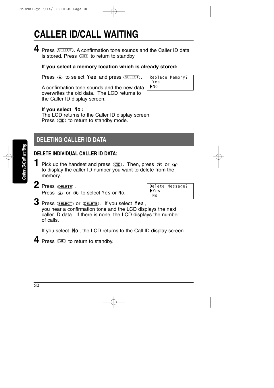 Caller id/call waiting, Deleting caller id data | Toshiba FT-8981 User Manual | Page 30 / 50