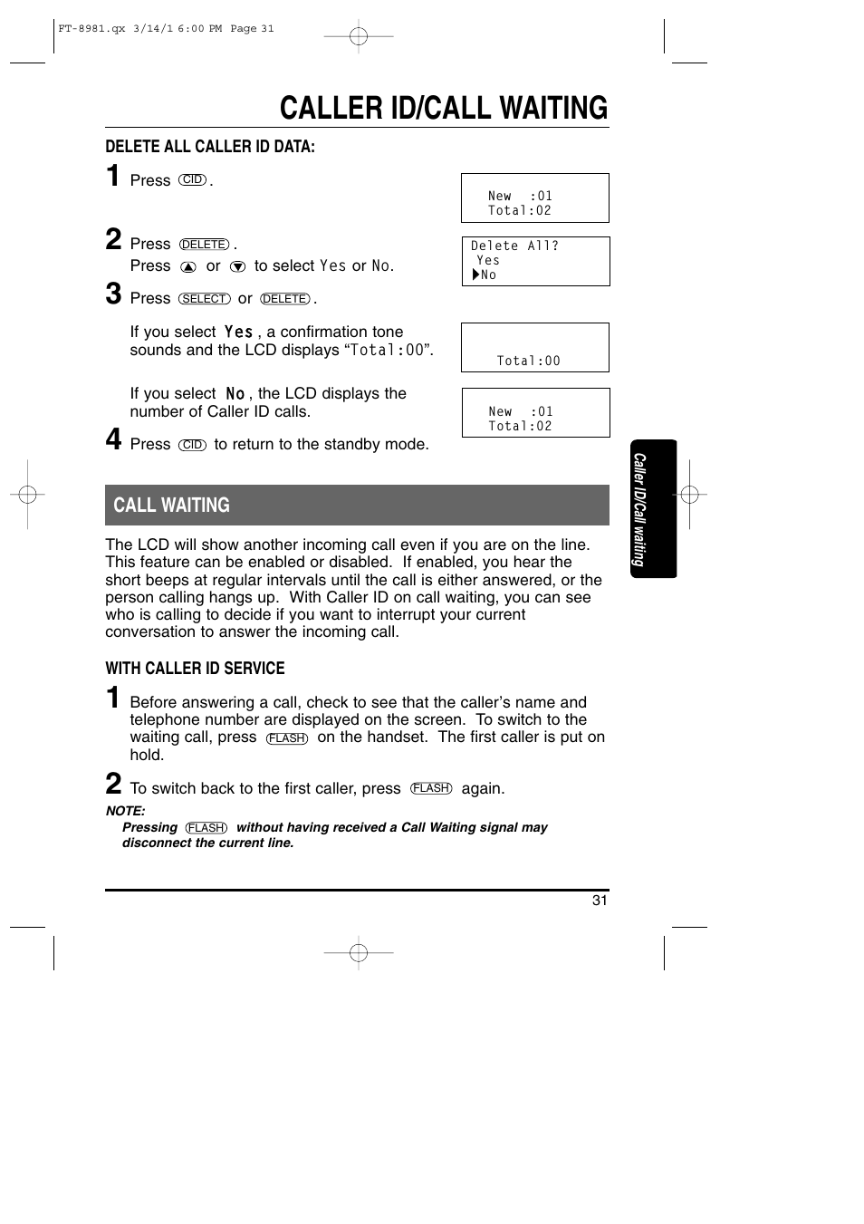 Caller id/call waiting, Call waiting | Toshiba FT-8981 User Manual | Page 31 / 50