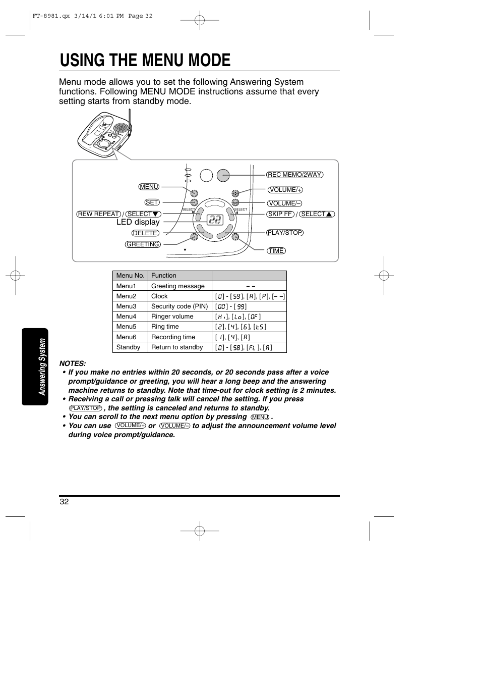 Answering system, Using the menu mode | Toshiba FT-8981 User Manual | Page 32 / 50