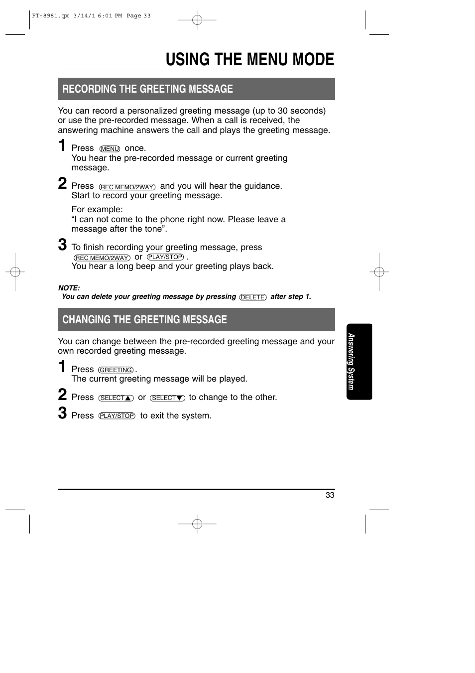 Using the menu mode | Toshiba FT-8981 User Manual | Page 33 / 50