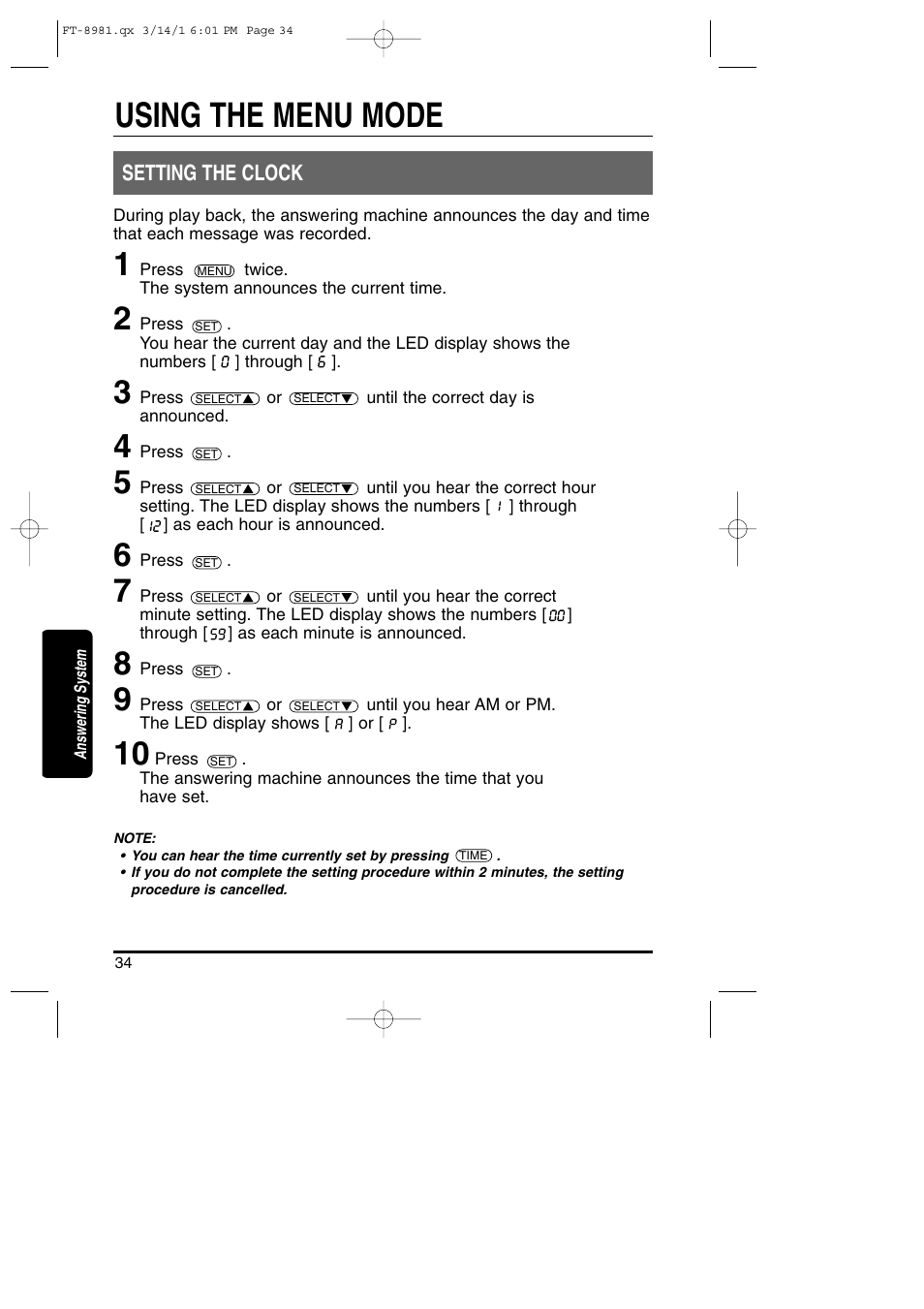 Using the menu mode, Setting the clock | Toshiba FT-8981 User Manual | Page 34 / 50