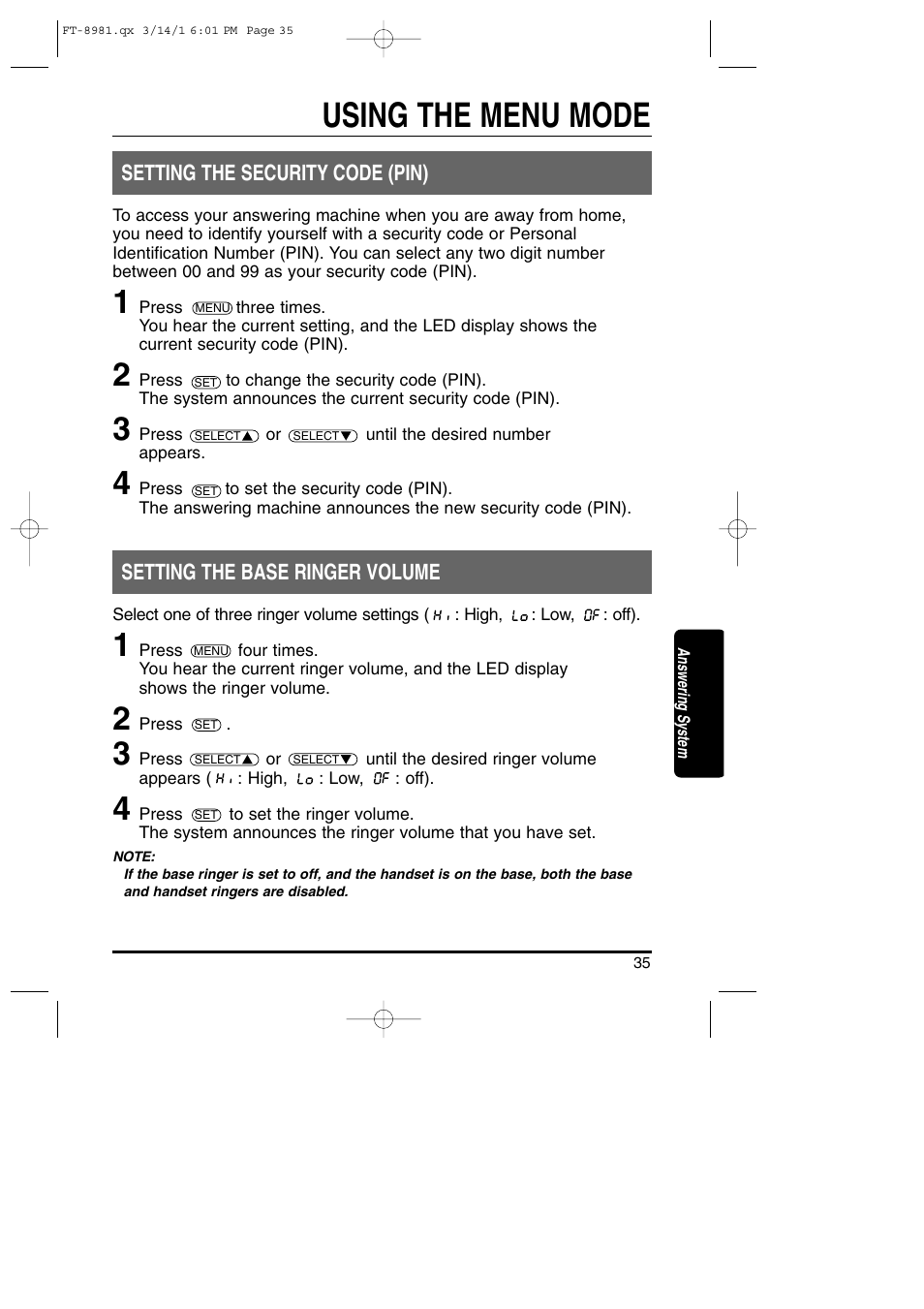 Using the menu mode | Toshiba FT-8981 User Manual | Page 35 / 50