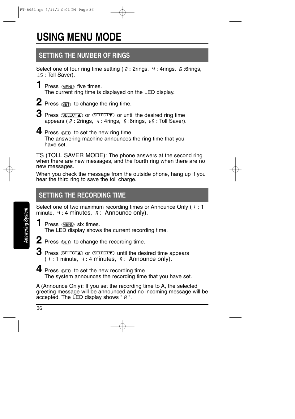 Using menu mode | Toshiba FT-8981 User Manual | Page 36 / 50