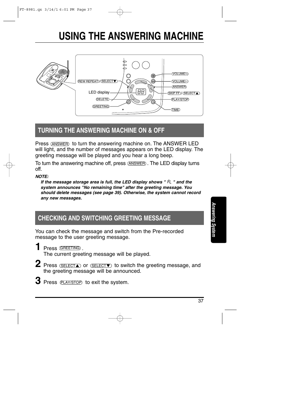 Using the answering machine, Turning the answering machine on & off, Checking and switching greeting message | Toshiba FT-8981 User Manual | Page 37 / 50