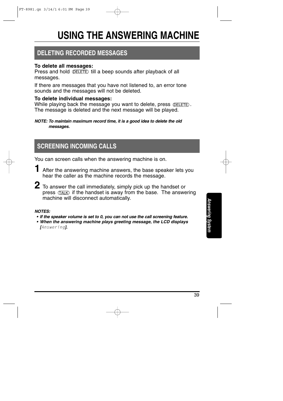 Using the answering machine, Deleting recorded messages, Screening incoming calls | Toshiba FT-8981 User Manual | Page 39 / 50