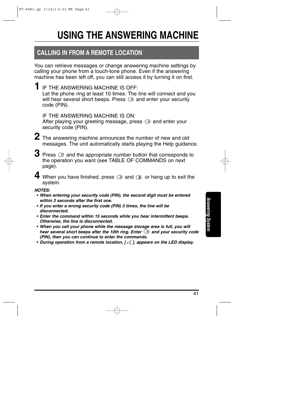 Using the answering machine, Calling in from a remote location | Toshiba FT-8981 User Manual | Page 41 / 50