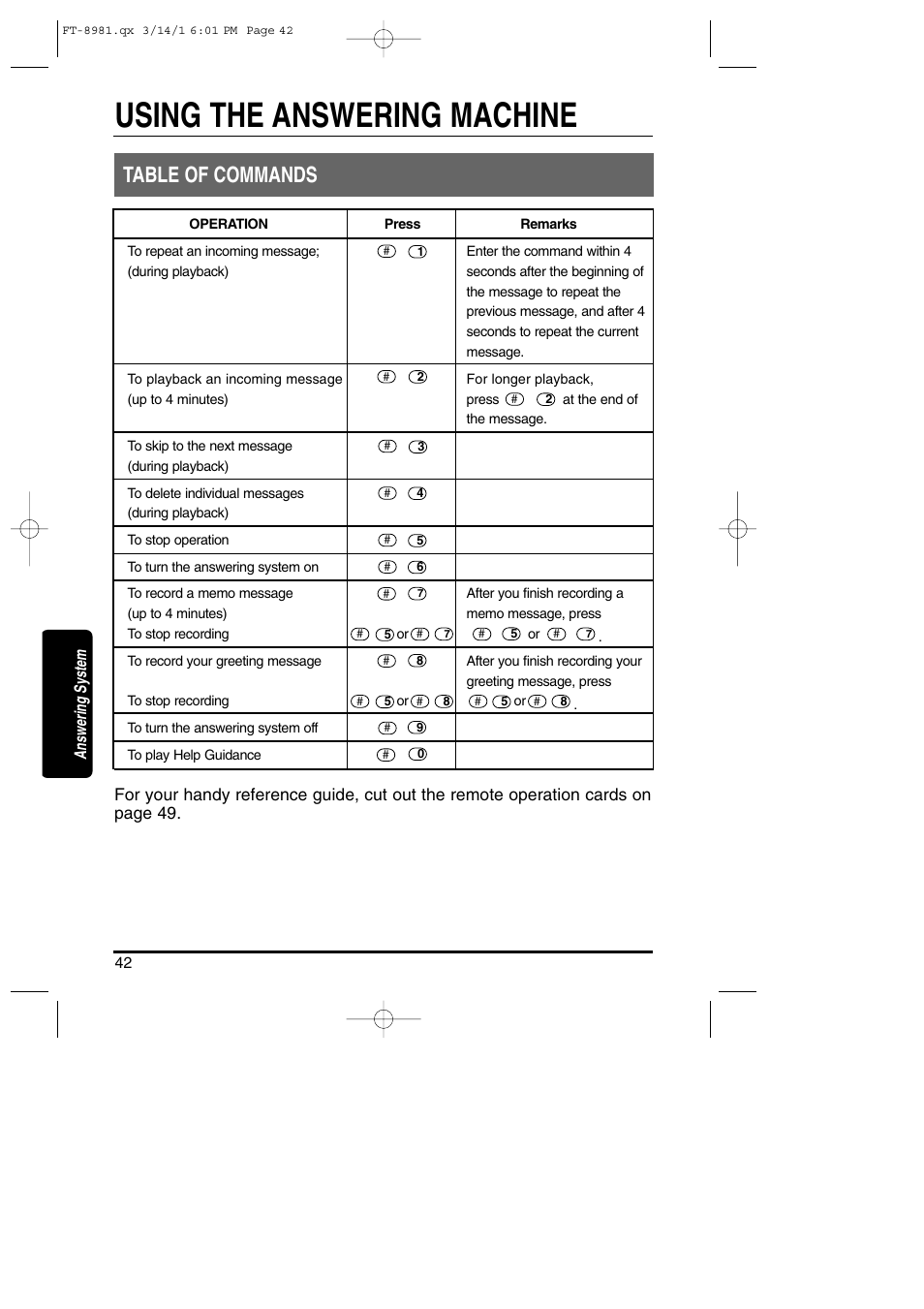 Using the answering machine, Table of commands, Answering system | Toshiba FT-8981 User Manual | Page 42 / 50
