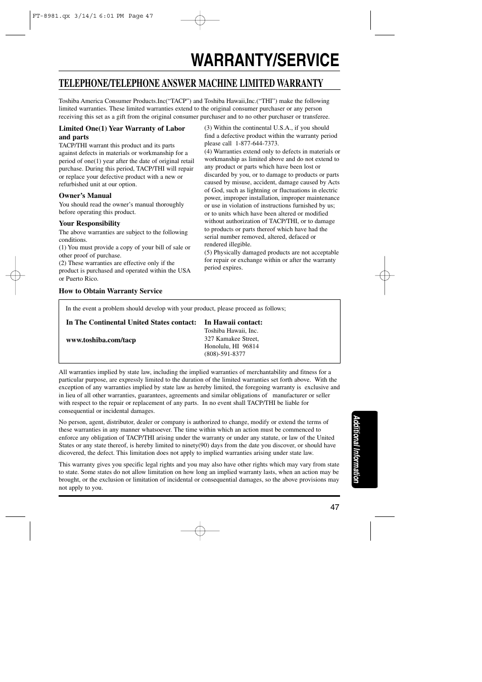 Warranty/service | Toshiba FT-8981 User Manual | Page 47 / 50