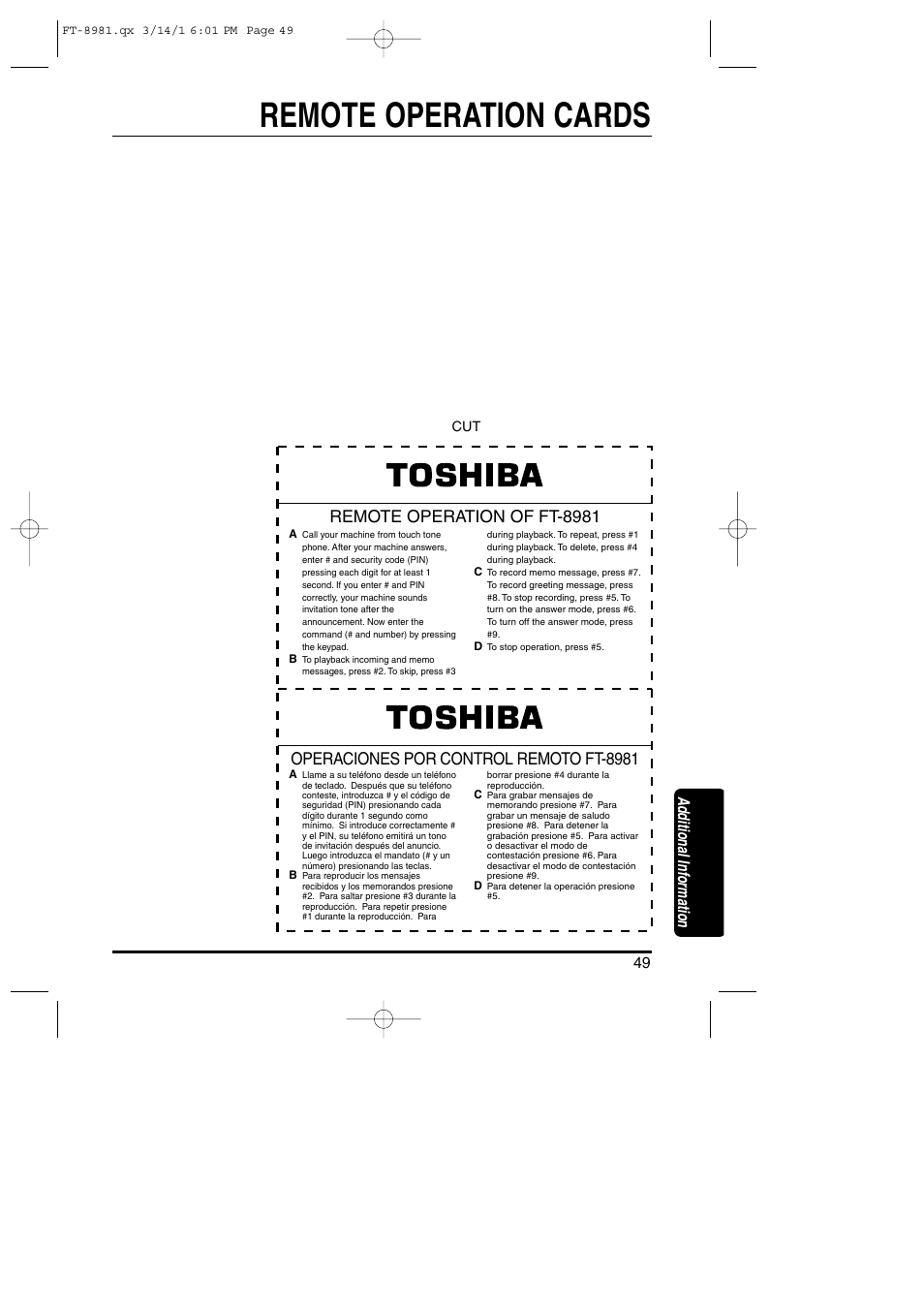 Remote operation cards, Additional information | Toshiba FT-8981 User Manual | Page 48 / 50