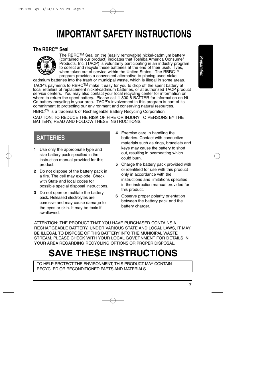 Important safety instructions, Save these instructions, Batteries | The rbrc, Seal | Toshiba FT-8981 User Manual | Page 7 / 50