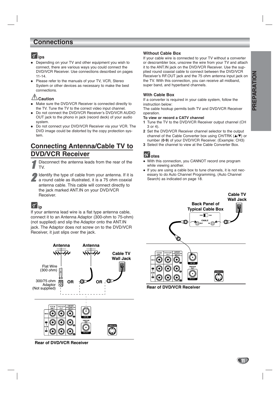Connections, Connecting antenna/cable tv to dvd/vcr receiver, Prep ara tion | Toshiba SD-V65HTSU User Manual | Page 11 / 50