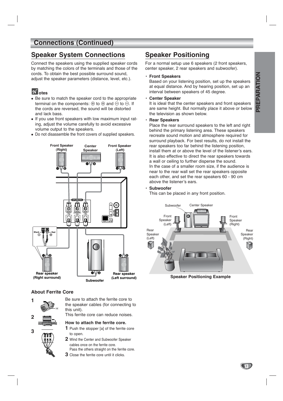 Connections (continued) speaker system connections, Speaker positioning, Prep ara tion | Toshiba SD-V65HTSU User Manual | Page 13 / 50