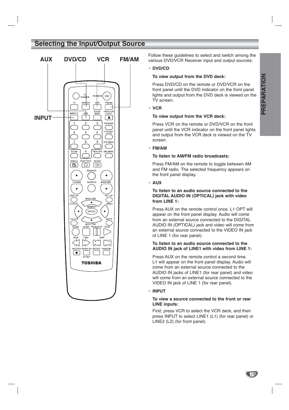 Selecting the input/output source | Toshiba SD-V65HTSU User Manual | Page 15 / 50