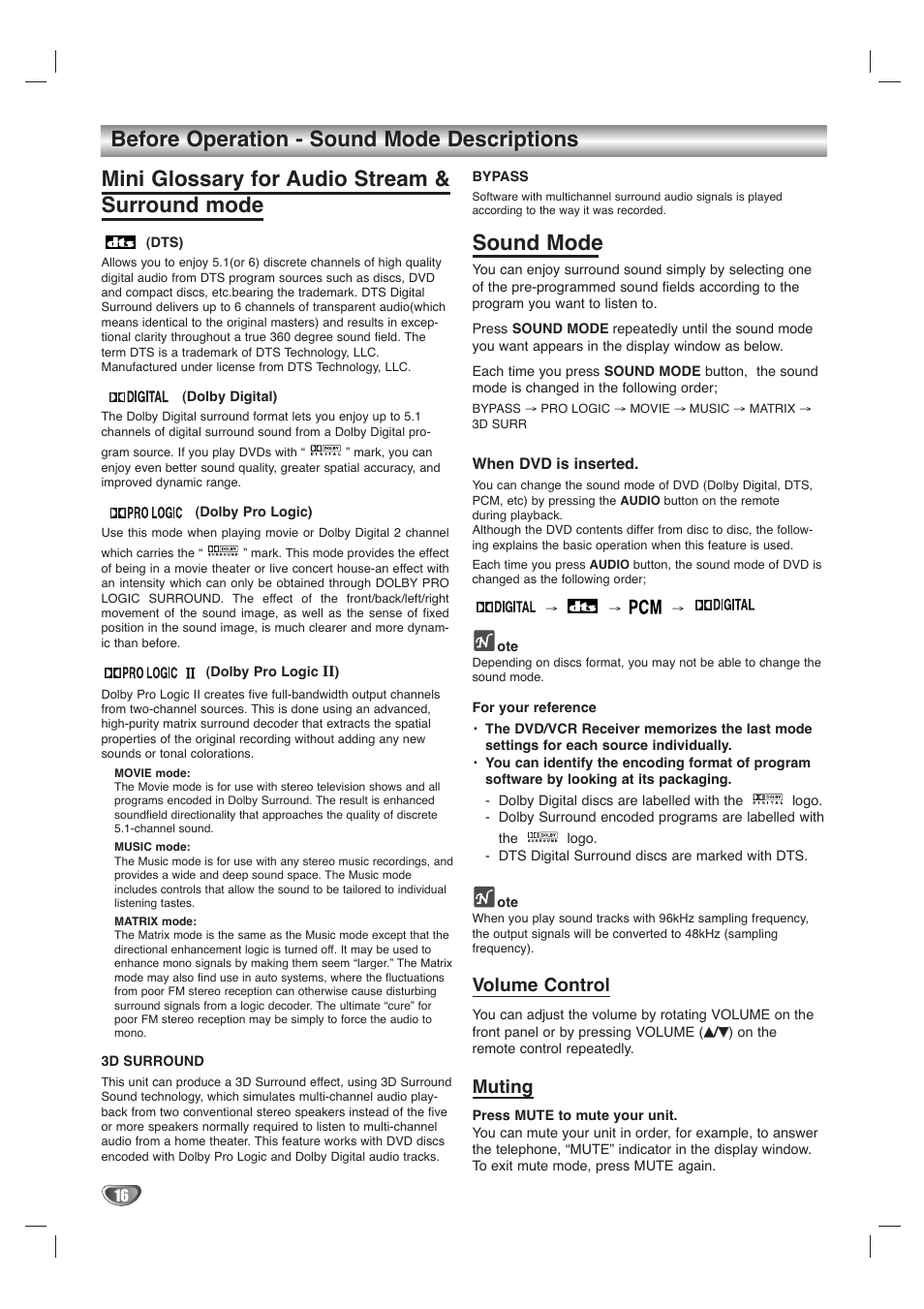 Sound mode, Volume control, Muting | Toshiba SD-V65HTSU User Manual | Page 16 / 50
