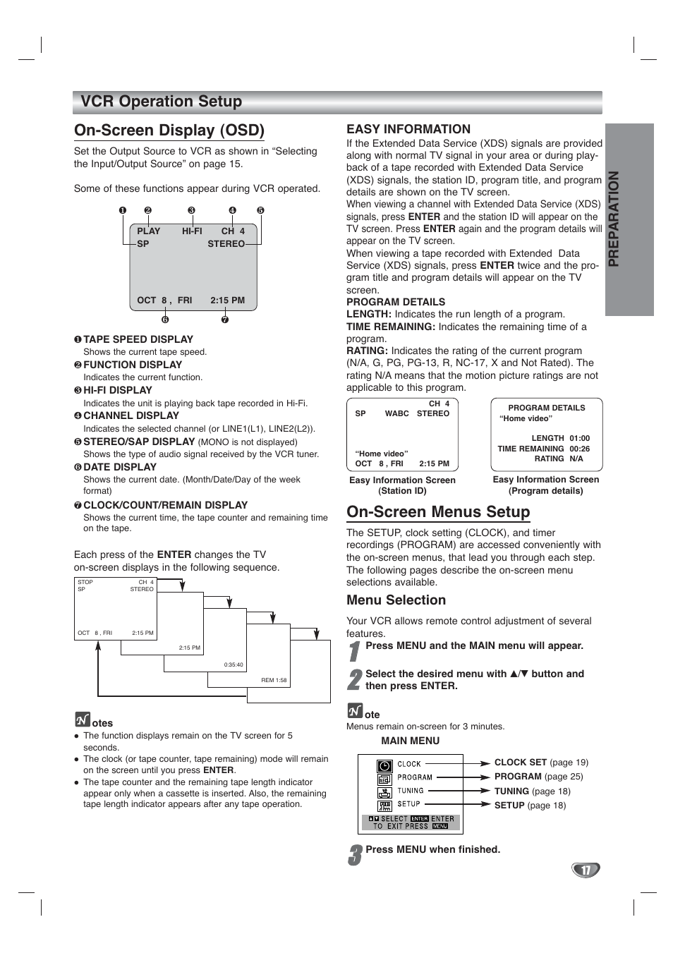 Vcr operation setup on-screen display (osd), On-screen menus setup, Prep ara tion | Menu selection | Toshiba SD-V65HTSU User Manual | Page 17 / 50