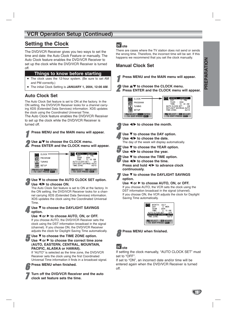 Vcr operation setup (continued) setting the clock | Toshiba SD-V65HTSU User Manual | Page 19 / 50