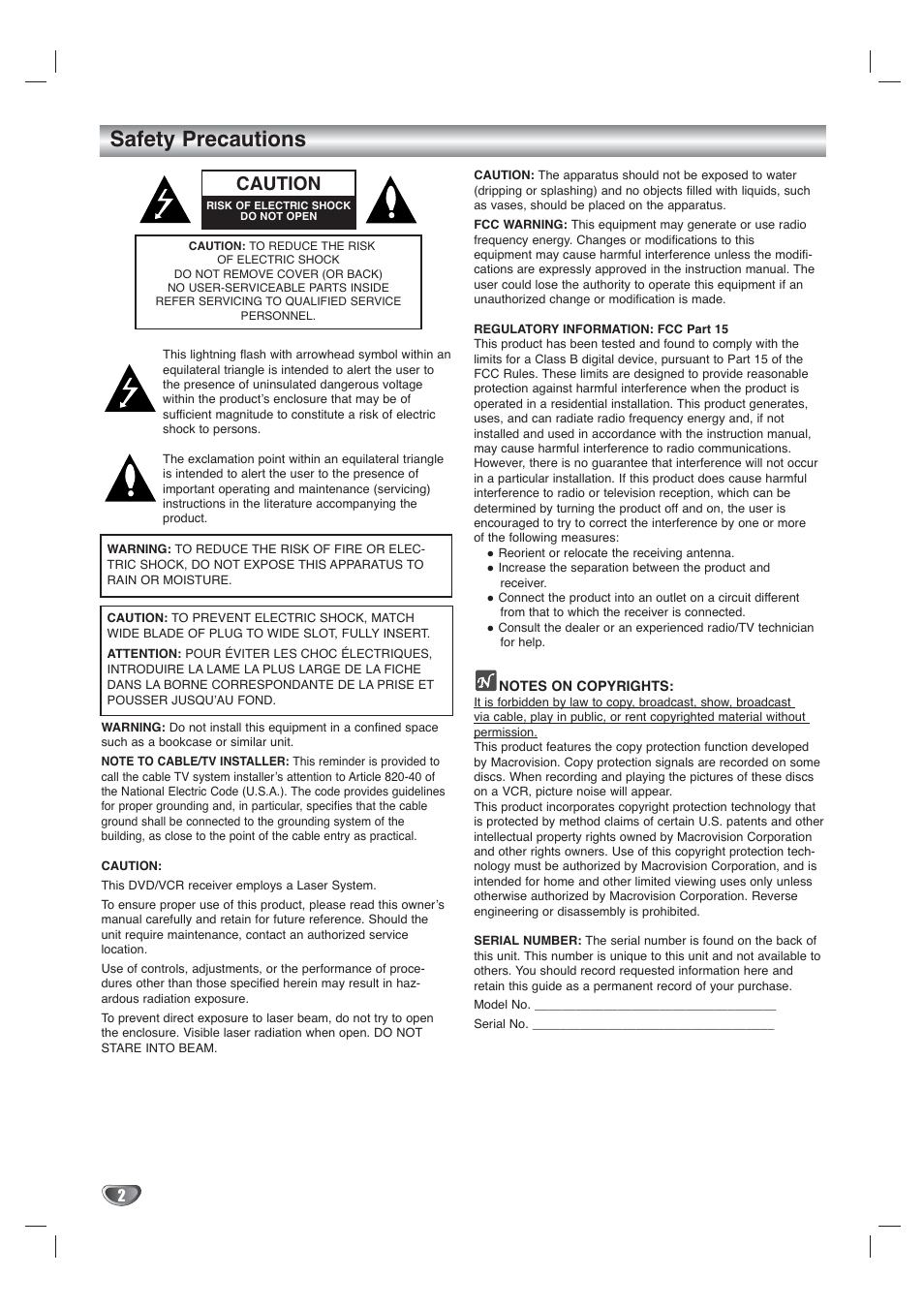 Safety precautions, Caution | Toshiba SD-V65HTSU User Manual | Page 2 / 50