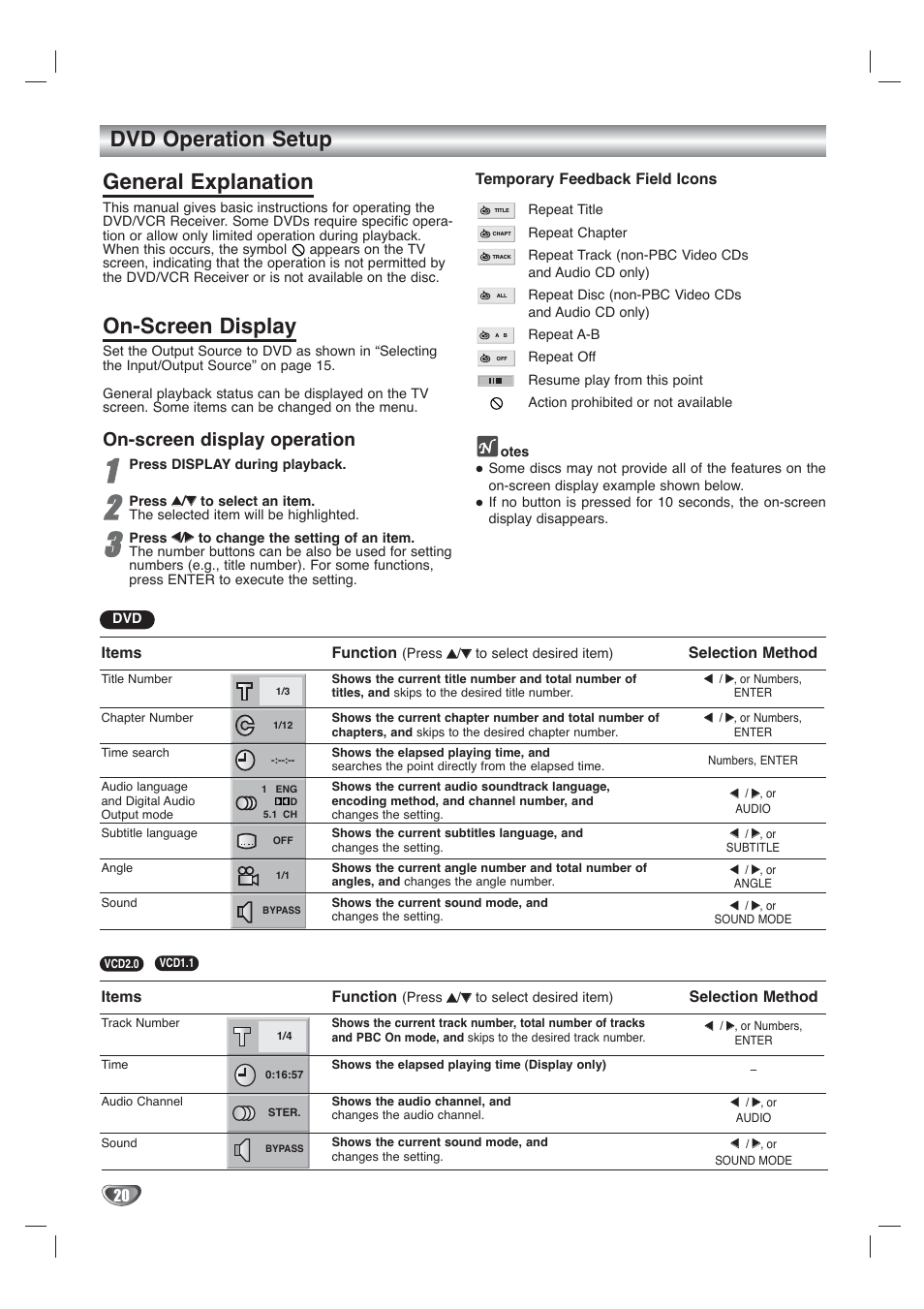 Dvd operation setup general explanation, On-screen display, On-screen display operation | Toshiba SD-V65HTSU User Manual | Page 20 / 50