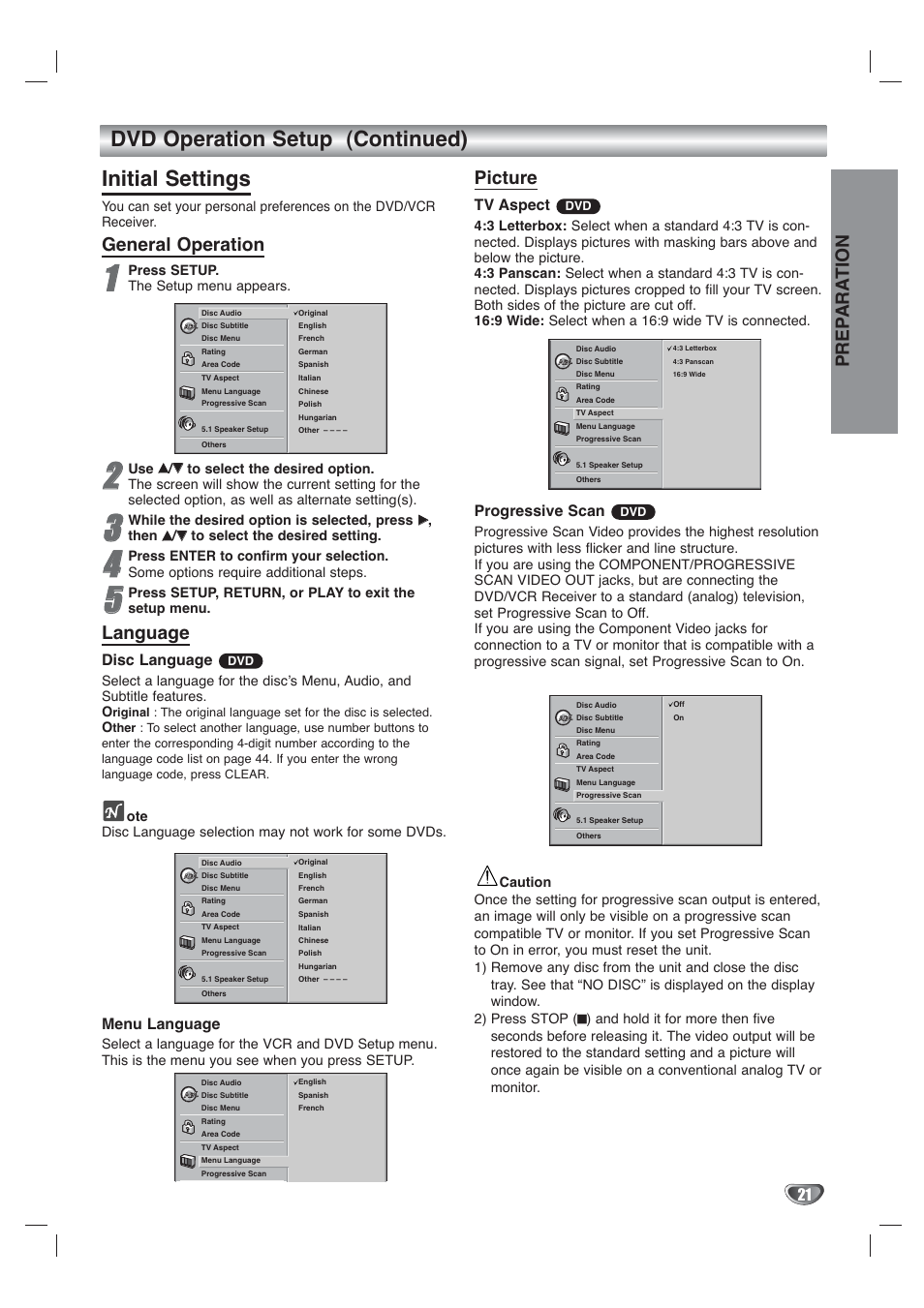 Dvd operation setup (continued) initial settings, General operation, Language | Picture, Prep ara tion, Disc language, Menu language, Tv aspect, Progressive scan | Toshiba SD-V65HTSU User Manual | Page 21 / 50