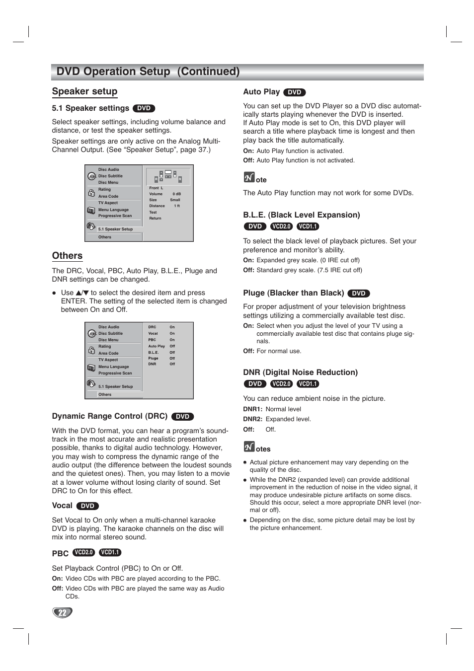 Dvd operation setup (continued), Speaker setup, Others | 1 speaker settings, Dynamic range control (drc), Vocal, Auto play, B.l.e. (black level expansion), Pluge (blacker than black), Dnr (digital noise reduction) | Toshiba SD-V65HTSU User Manual | Page 22 / 50