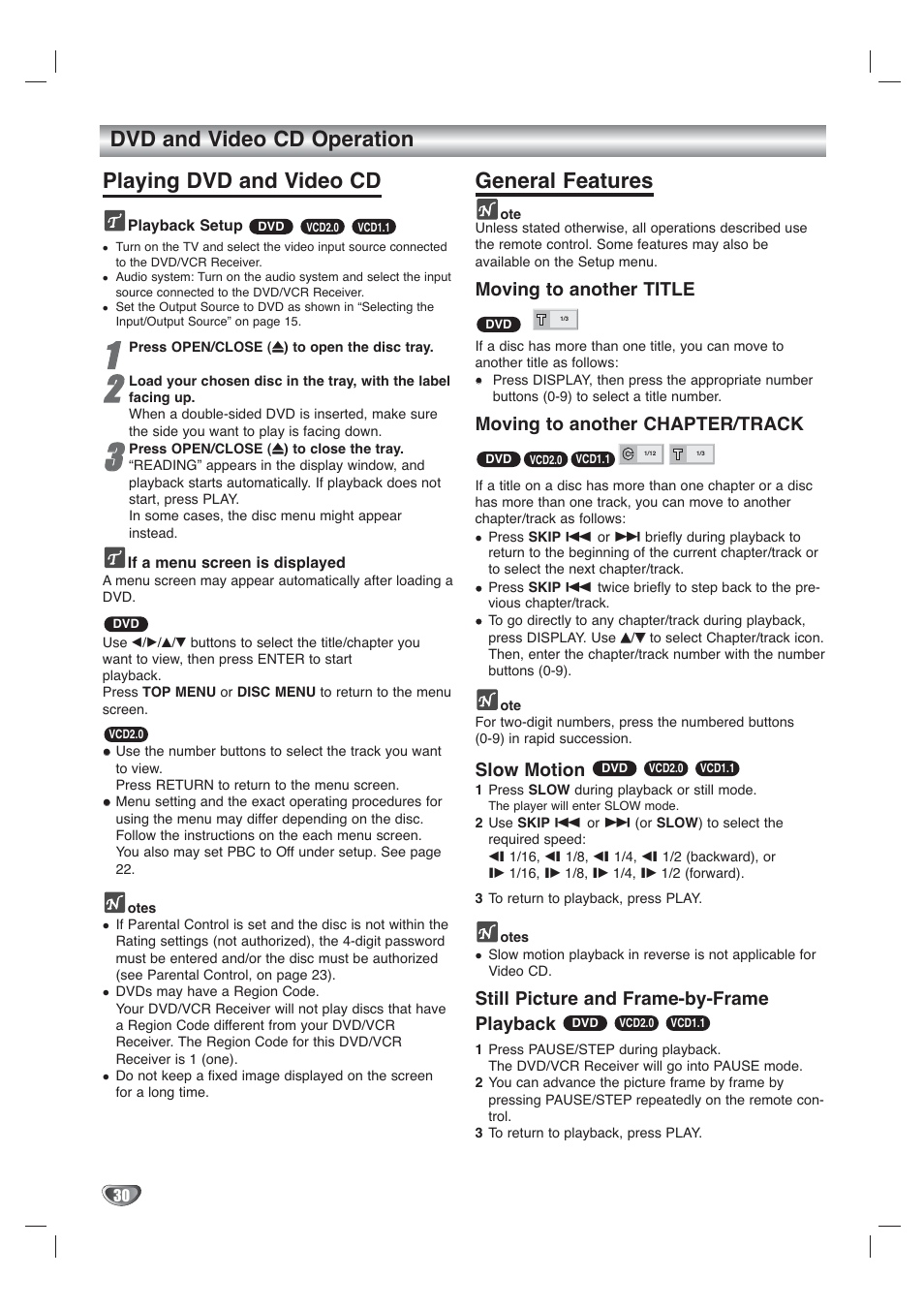 General features, Moving to another title, Moving to another chapter/track | Slow motion, Still picture and frame-by-frame playback | Toshiba SD-V65HTSU User Manual | Page 30 / 50