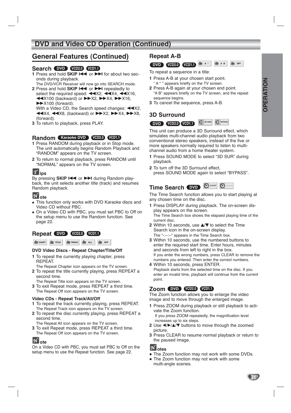 Opera tion, Search, Random | Repeat, Repeat a-b, 3d surround, Time search, Zoom | Toshiba SD-V65HTSU User Manual | Page 31 / 50