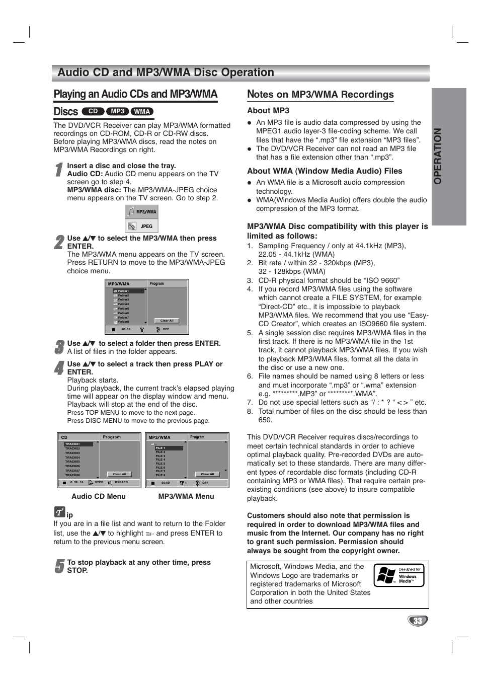 Opera tion, Otes on mp3/wma recordings | Toshiba SD-V65HTSU User Manual | Page 33 / 50