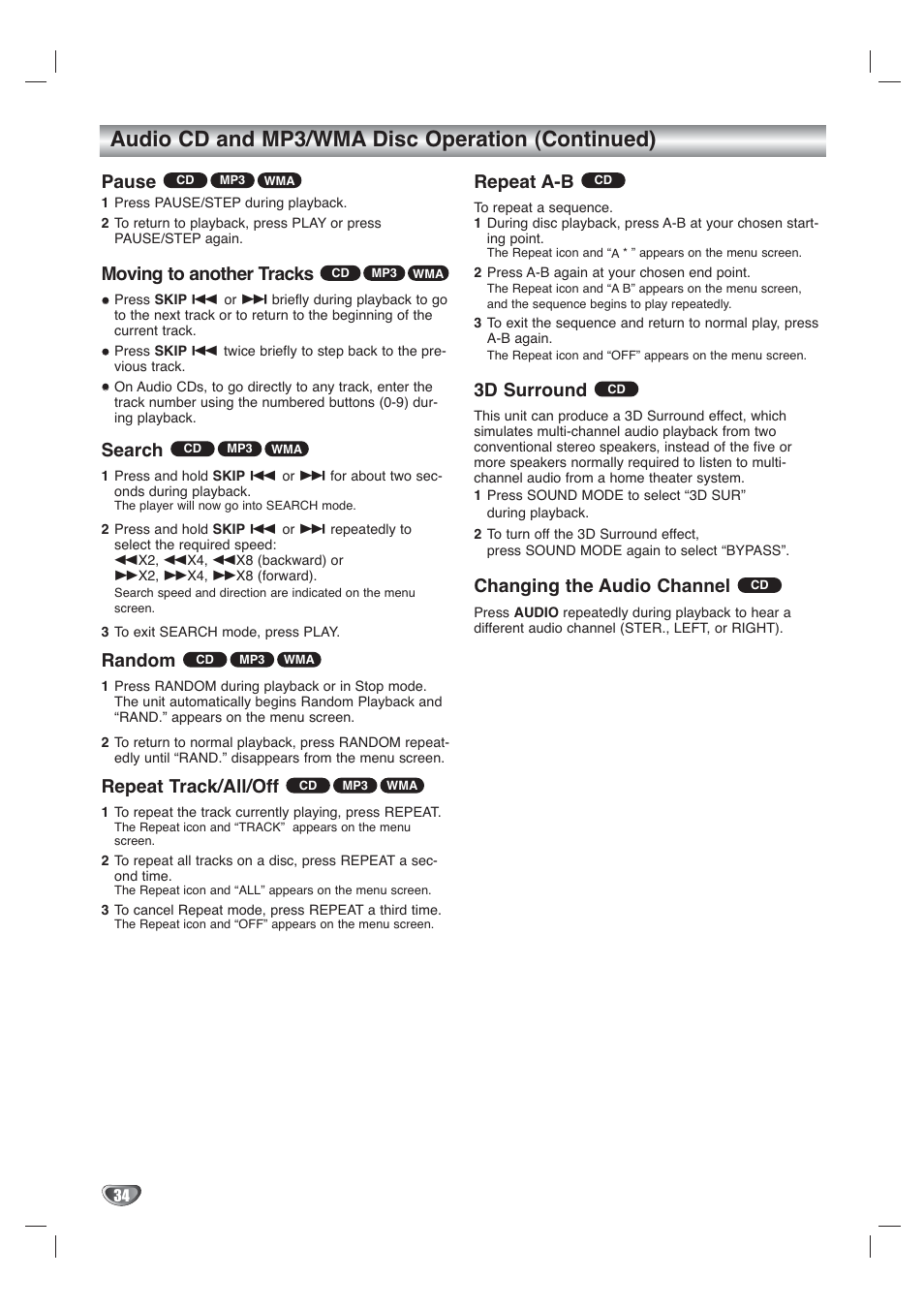 Audio cd and mp3/wma disc operation (continued), Pause, Moving to another tracks | Search, Random, Repeat track/all/off, Repeat a-b, 3d surround, Changing the audio channel | Toshiba SD-V65HTSU User Manual | Page 34 / 50