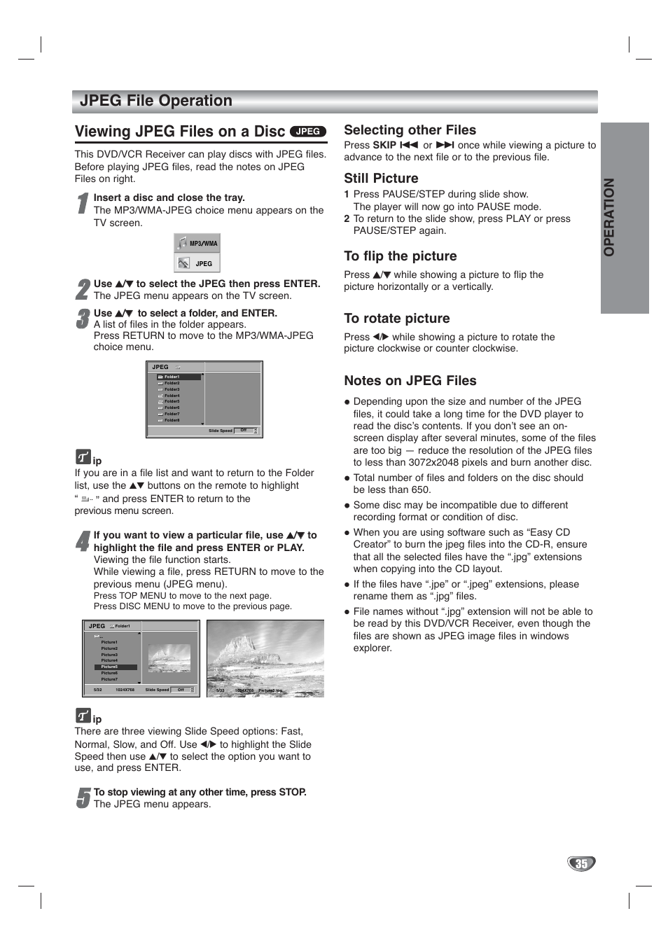 Jpeg file operation viewing jpeg files on a disc, Opera tion, Selecting other files | Still picture | Toshiba SD-V65HTSU User Manual | Page 35 / 50