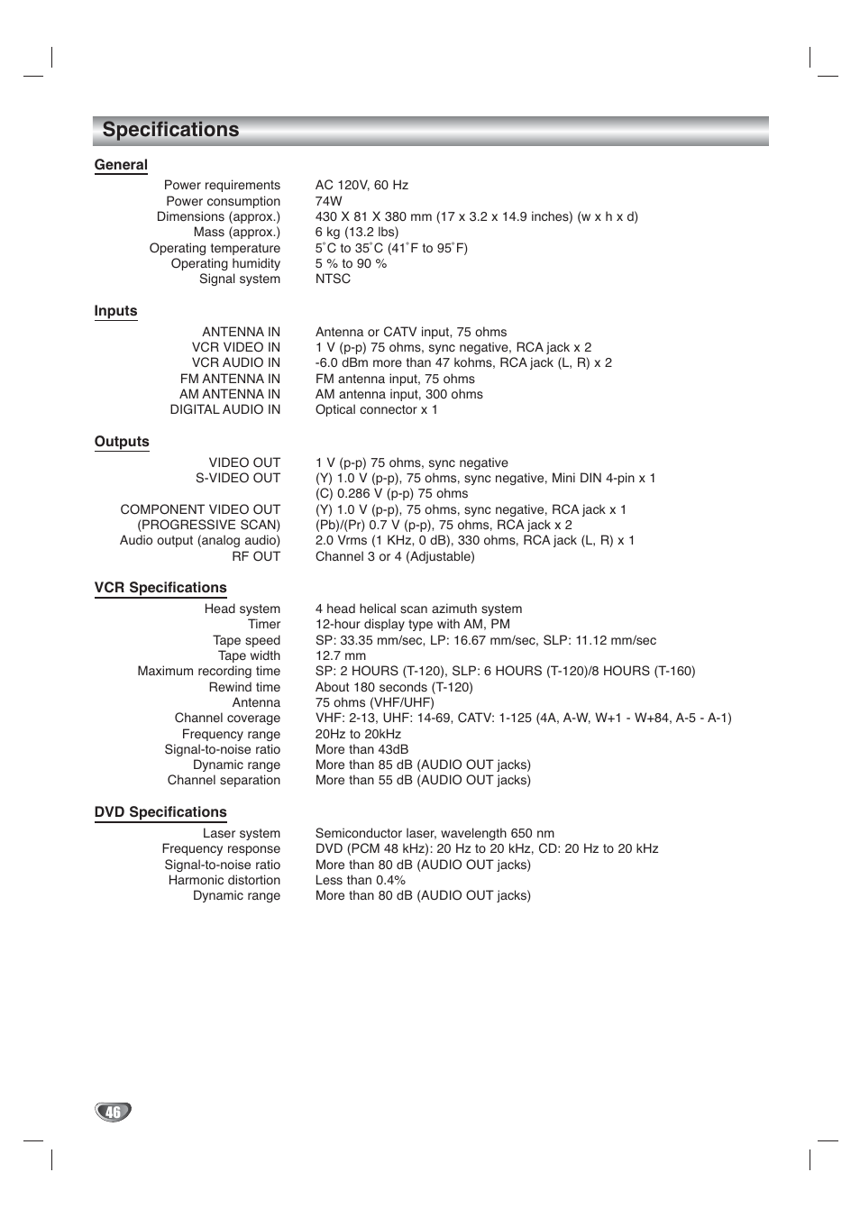 Specifications | Toshiba SD-V65HTSU User Manual | Page 46 / 50