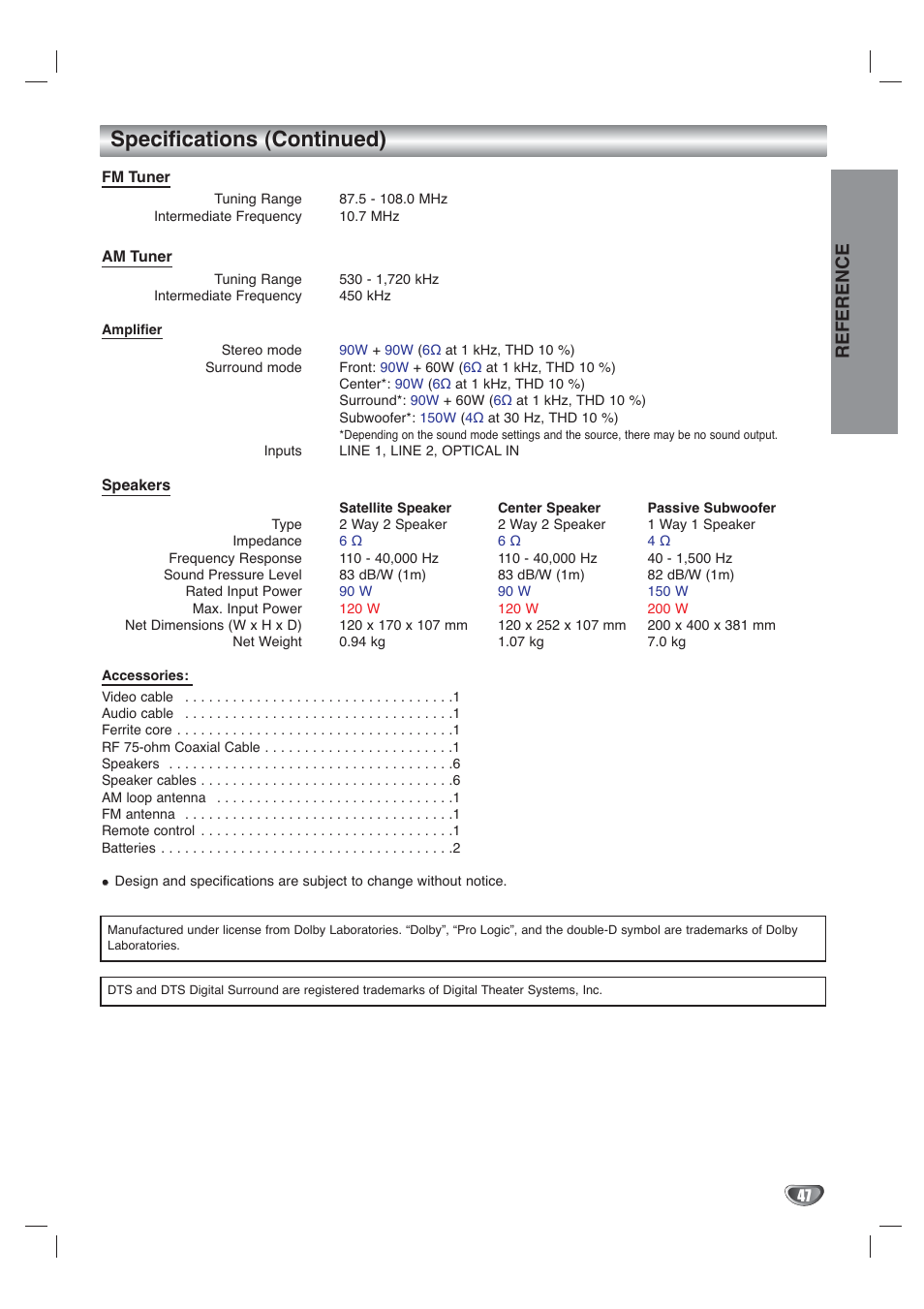 Specifications (continued), Reference | Toshiba SD-V65HTSU User Manual | Page 47 / 50