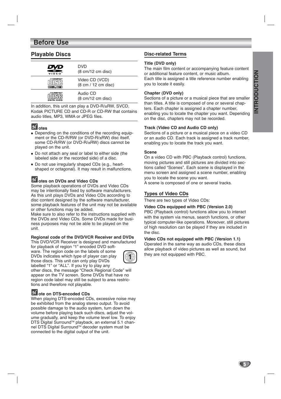 Before use, Introduction, Playable discs | Toshiba SD-V65HTSU User Manual | Page 5 / 50